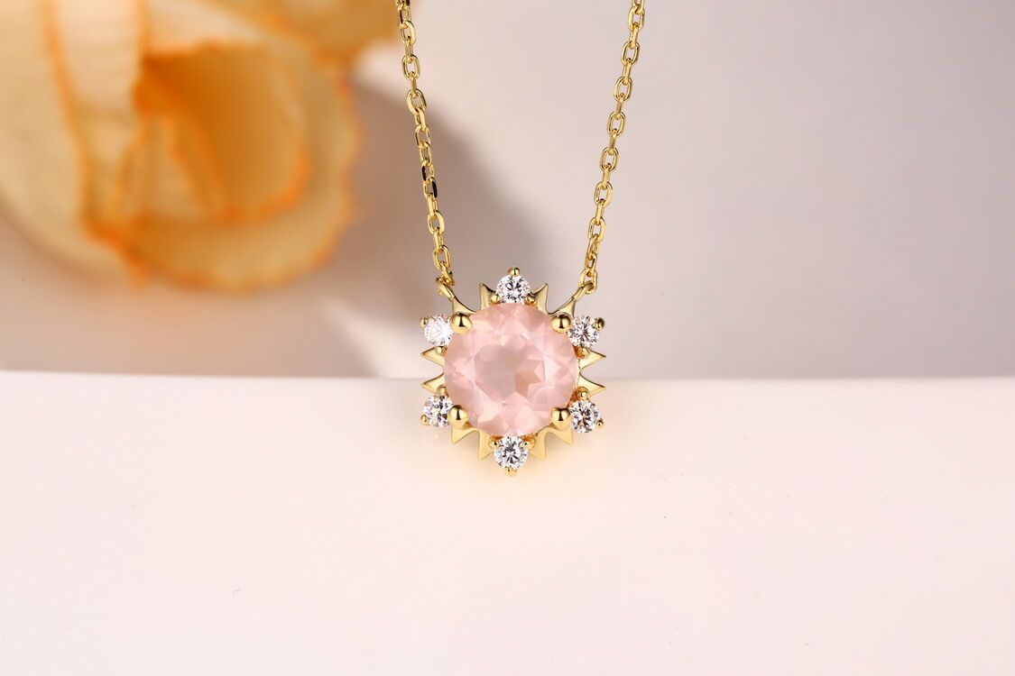 Women Rose Quartz S925 Sterling Silver Necklace with Yellow Gold Plating